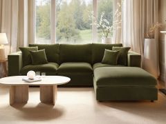 SOLACE+CO Asher 4 Seater Sofa with Reversible Footstool Khaki Green Velvet
