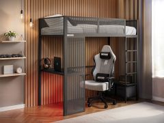 Recoil Glitch metal gaming high sleeper bed with desk, black metal frame and integrated gaming setup underneath