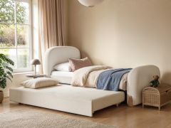Flair Ines upholstered day bed with trundle cream boucle fabric in Scandinavian style children's bedroom