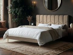 Solace+Co Isabela chenille bed frame with geometric upholstered headboard and slim gold legs in a modern bedroom setting
