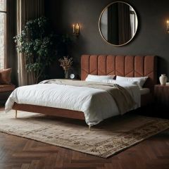 Solace+Co Isabela chenille bed frame with geometric upholstered headboard and slim gold legs - thumbnail
