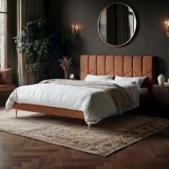 Solace+Co Isabela chenille bed frame with geometric upholstered headboard and slim gold legs - thumbnail