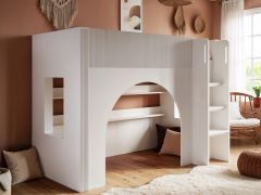 Flair Kaska mid sleeper bed with ribbed panel detailing, arch underbed space and built-in ladder shelving.
