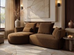 Lia 2 seater curved modular sofa in brown chenille fabric with round chaise section and plush cushions
