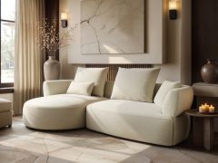  Lia 2 seater curved modular sofa in chenille fabric with round chaise section and plush cushions
