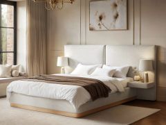 SOLACE+CO Vera Hotel Bed with Integrated Bedside Tables Cream Chenille