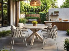 Solace+Co Florence round garden dining table with sintered stone top and four Louisa rope chairs