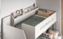 white triple bunk bed with shelves and easy climb steps