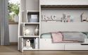 white triple bunk bed with staircase storage cupboards