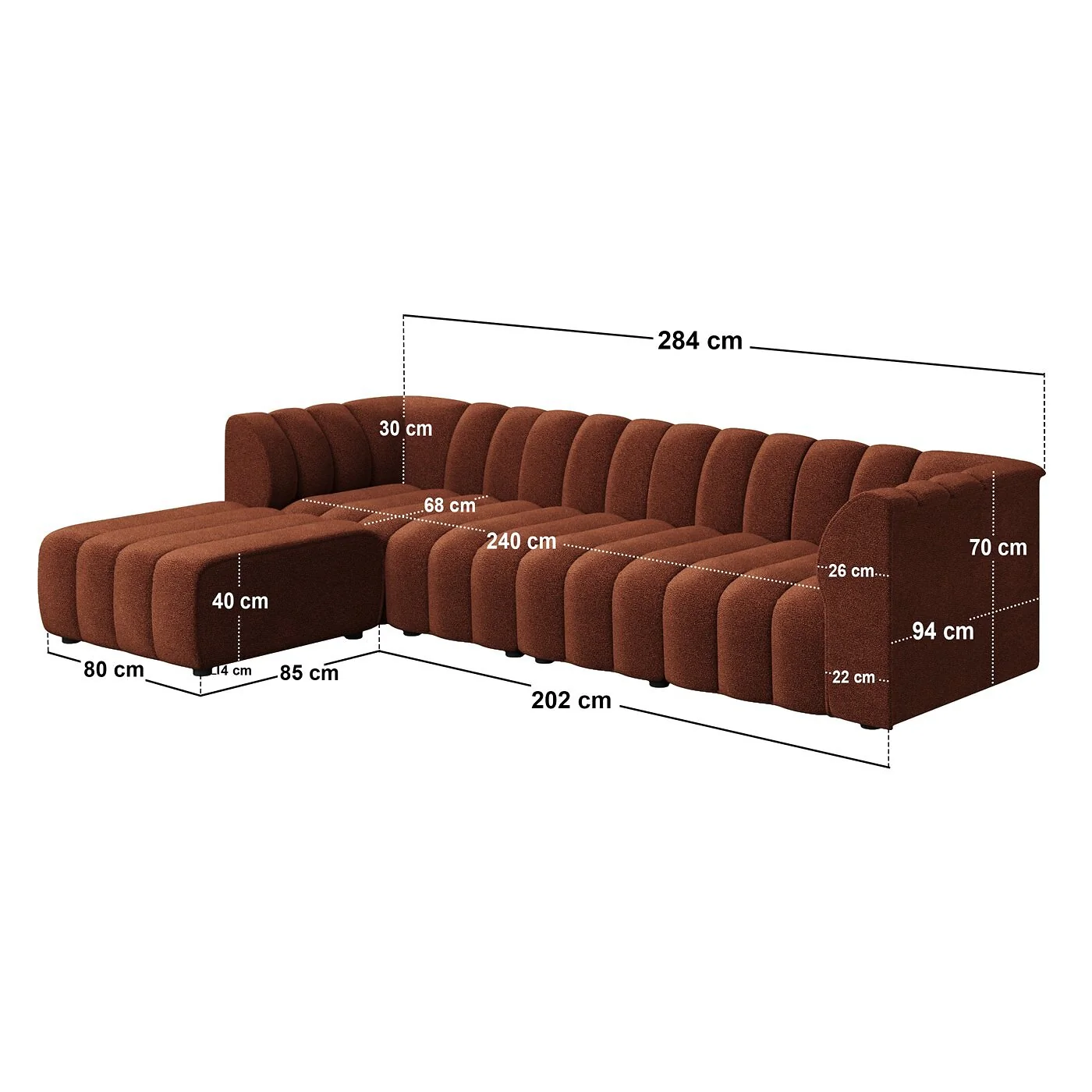 SOLACE+CO Halle Channel Tufted 4 Seater Modular Sofa with Reversible Footstool Burnt Orange Chenille image 5