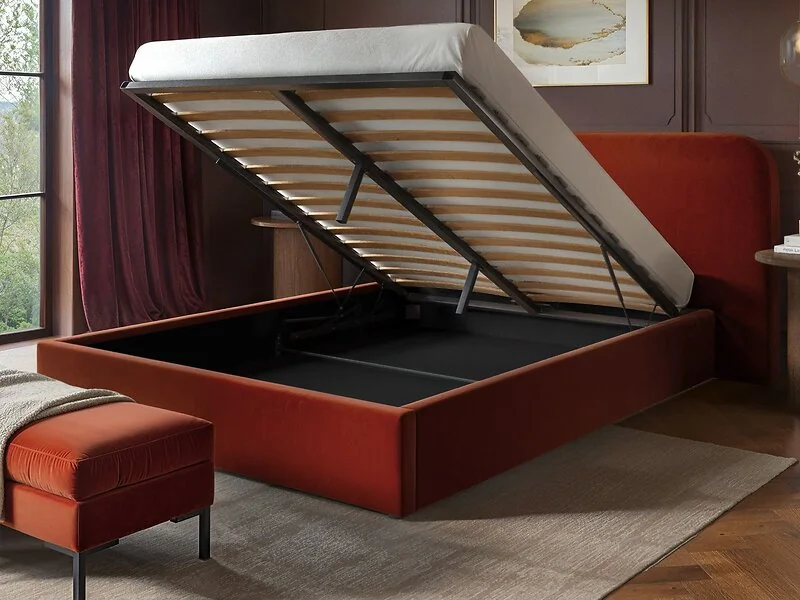 SOLACE+CO Lena burnt orange velvet ottoman bed with pillow-style headboard and storage