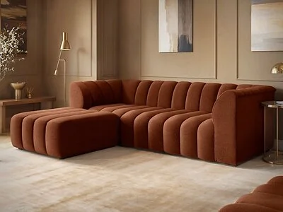 SOLACE+CO Halle Channel Tufted 3 Seater Sofa with Footstool Burnt Orange Chenille