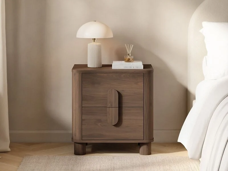 SOLACE+CO Remington 2 drawer bedside table in walnut effect with rounded corners and round legs