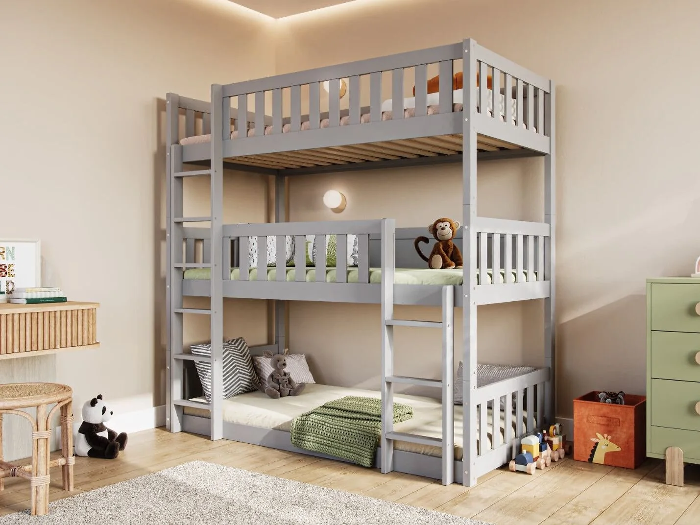 Flair Bea wooden triple bunk bed in white with three single bunks in grey