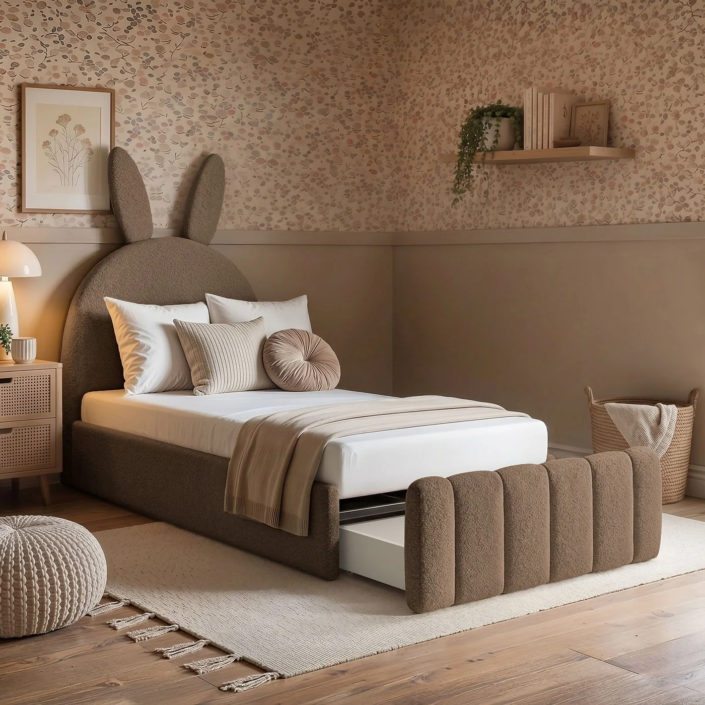 Flair Lapin Single Bed with Bunny Headboard and Drawer Brown Chenille image 2