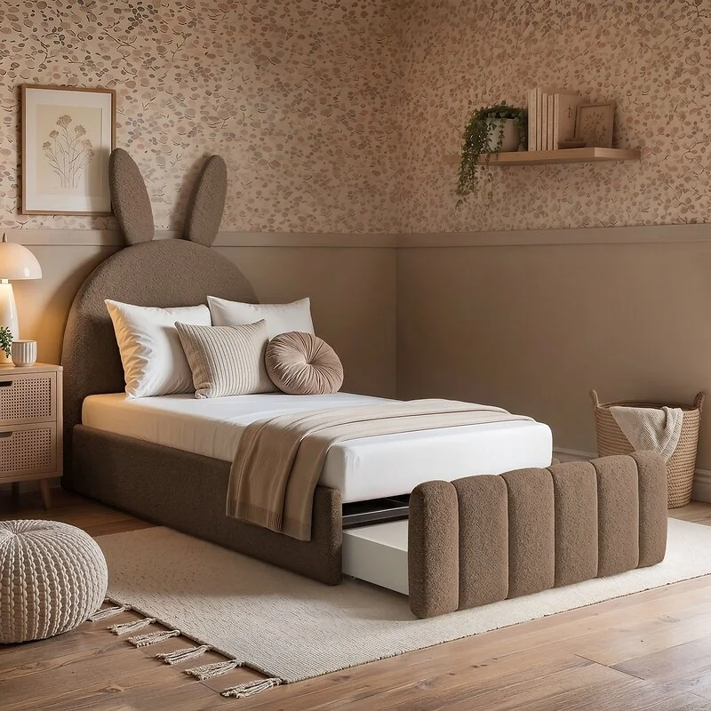 Flair Lapin Single Bed with Bunny Headboard and Drawer Brown Chenille image 2