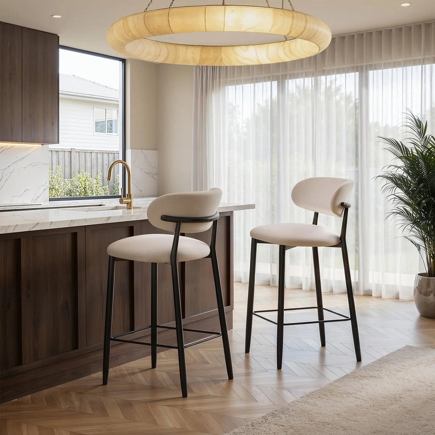 SOLACE+CO Cyra Set of 2 Bar Stools with Curved Back & Footrest Beige Chenille