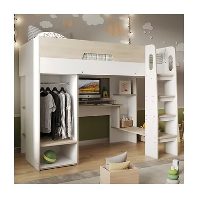 Flair Coco Gaming High Sleeper with Desk and Wardrobe Oak & White