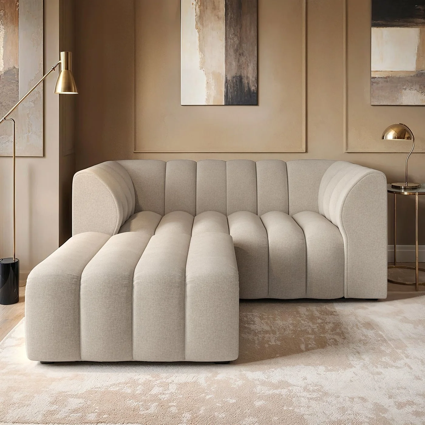 SOLACE+CO Halle Channel Tufted 2 Seater Sofa with Footstool Beige Chenille image 2