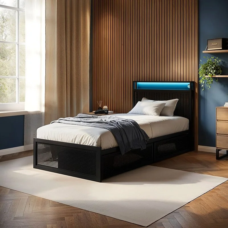 Flair Callan Single Metal Bed with Storage & LED Black