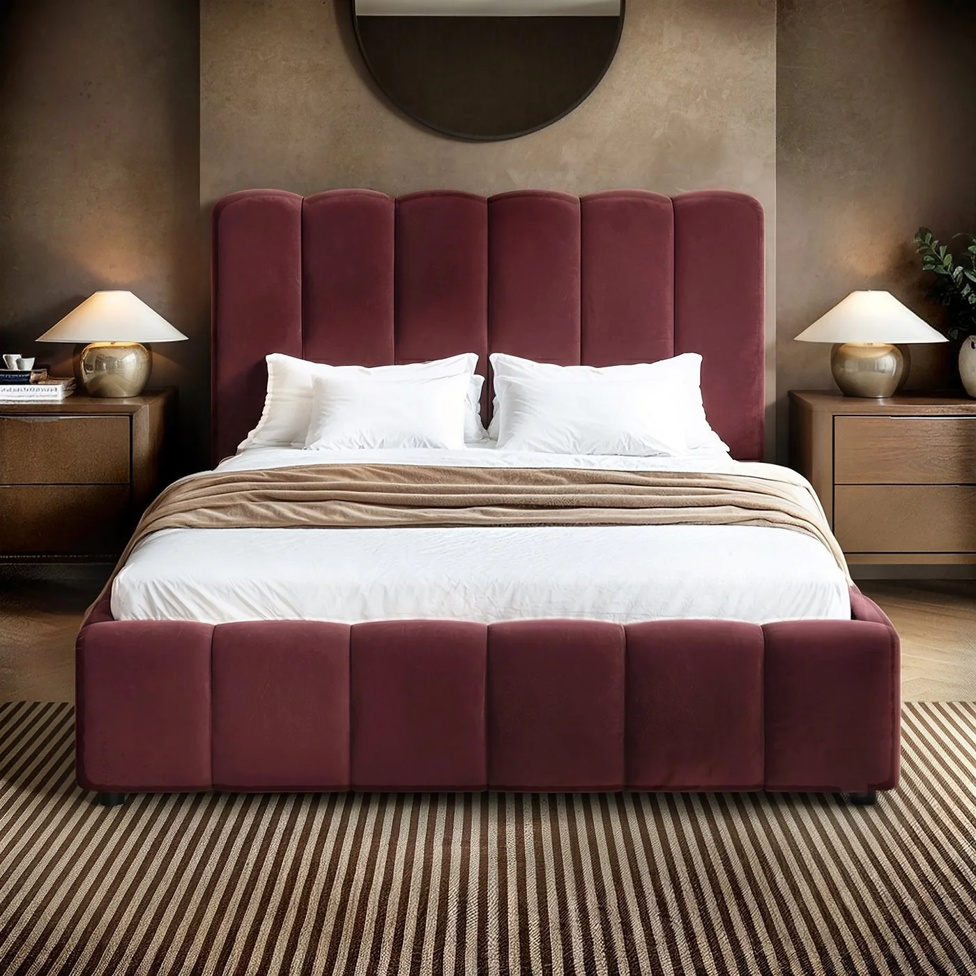SOLACE+CO Emilie Ribbed Ottoman Bed Burgundy Velvet image 2