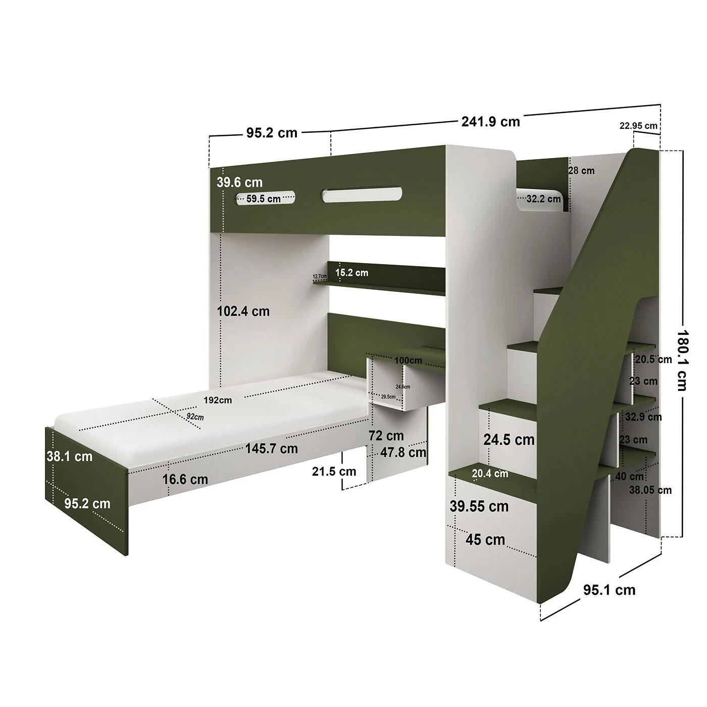 Flair Alpha Staircase L Shaped Bunk Bed with Desk Green & Beige image 6
