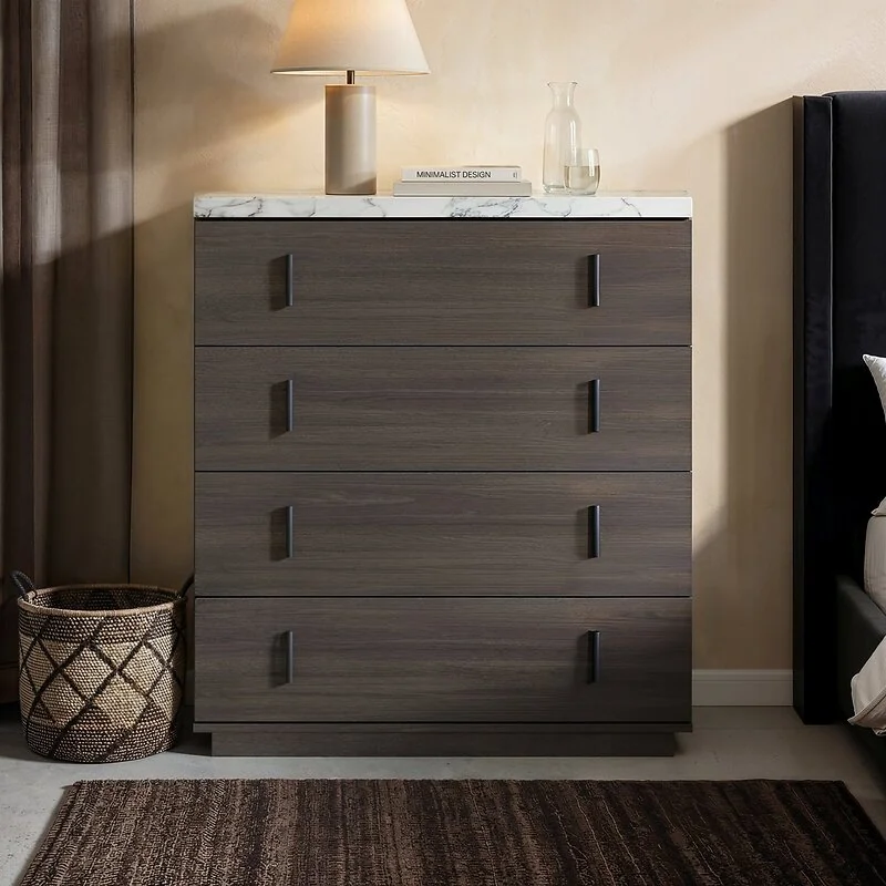 SOLACE+CO Marcel Walnut Chest of 4 Drawers with Marble Effect Top