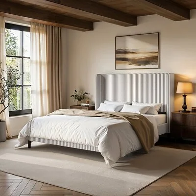 SOLACE+CO Jovanna Striped Bed with Winged Headboard Woven Fabric Brown