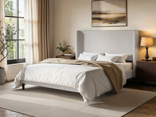 SOLACE+CO Jovanna Striped Bed with Winged Headboard Woven Fabric Brown