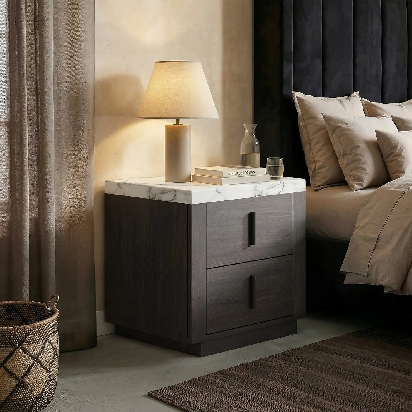 SOLACE+CO Marcel Walnut Bedside Table with Marble Effect Top image 2