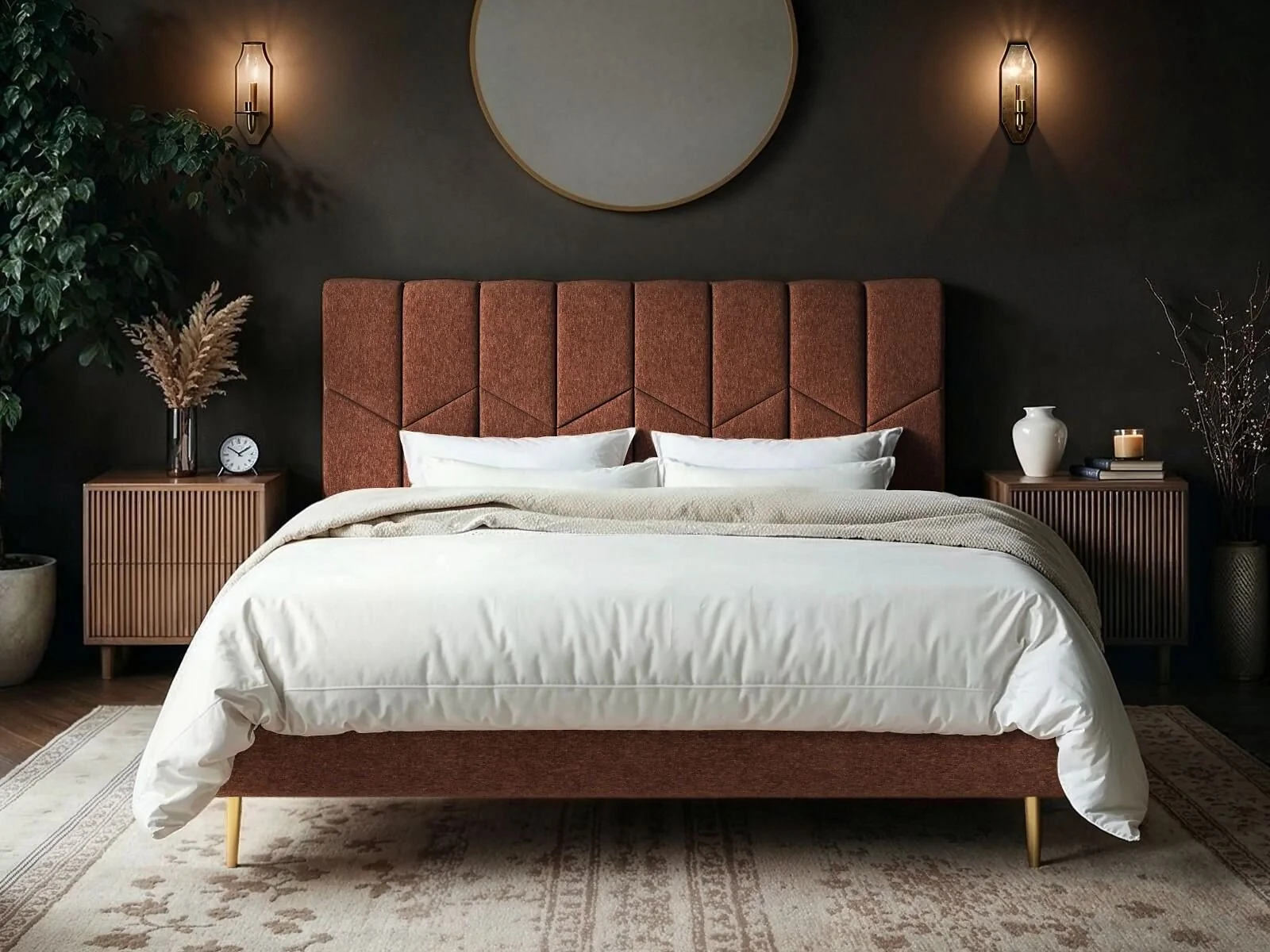 Isabela bed frame with chevron upholstered headboard - front view