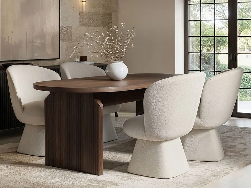 SOLACE+CO Varm Walnut-Effect Ribbed Dining Table with White Aiko Chairs Set – view 3