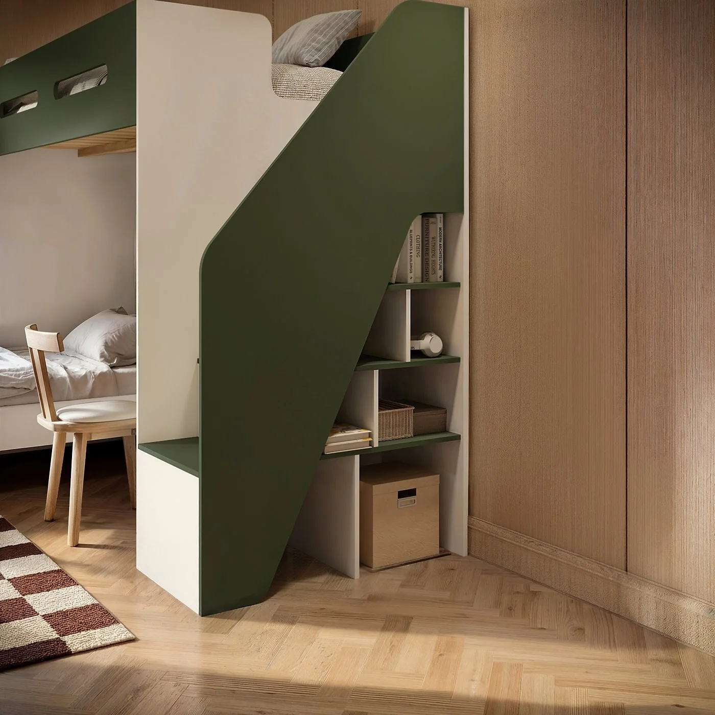 Flair Alpha Staircase L Shaped Bunk Bed with Desk Green & Beige image 3