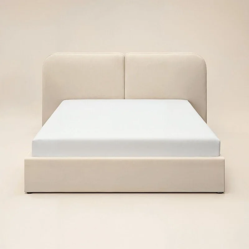 SOLACE+CO Lena velvet ottoman bed with storage and pillow-style headboard - beige bed cutout