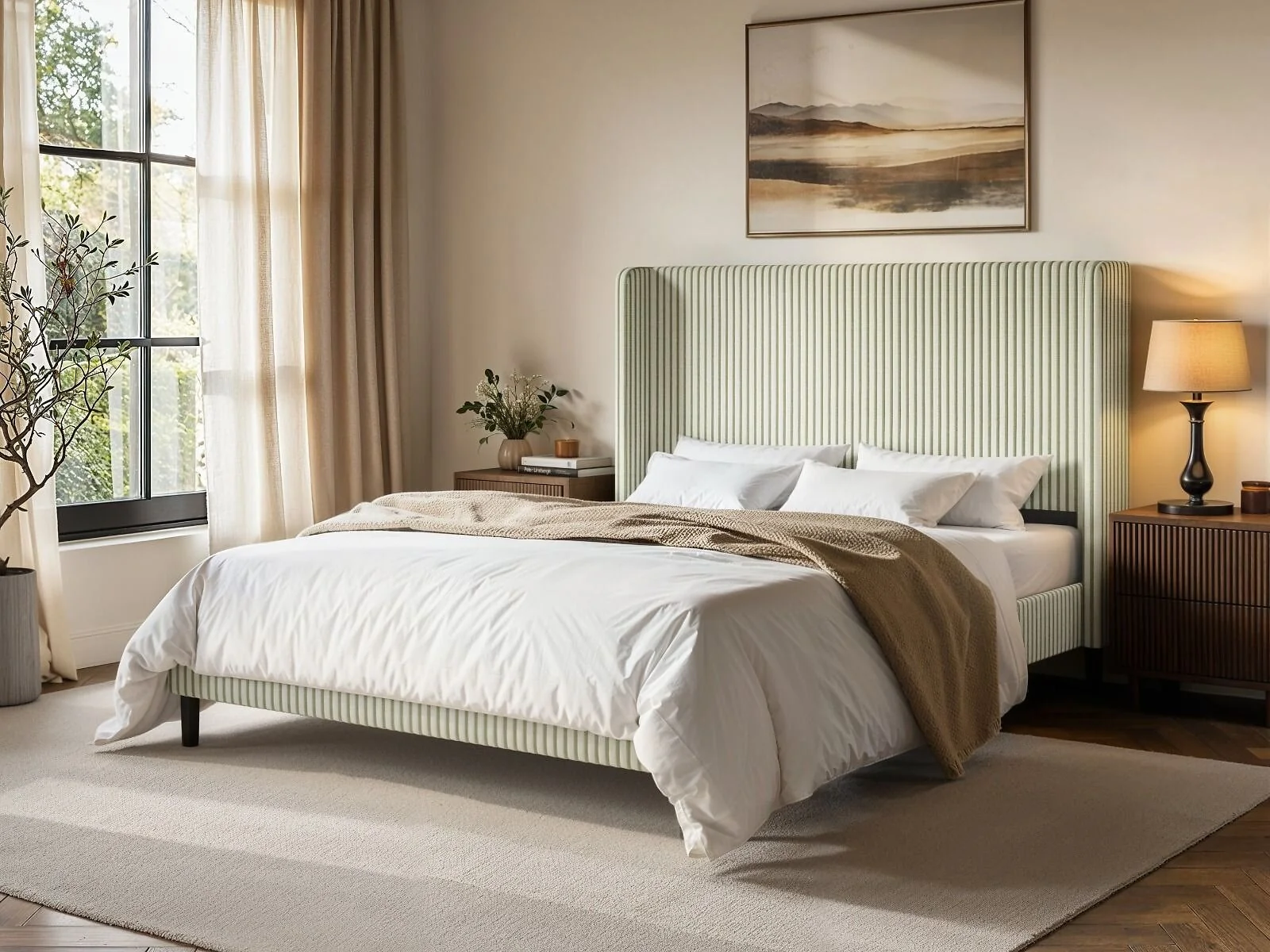 SOLACE+CO Jovanna striped winged headboard bed in green woven fabric