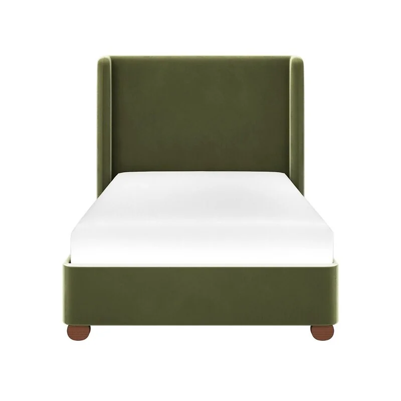Flair Alma velvet single bed with winged headboard in olive green