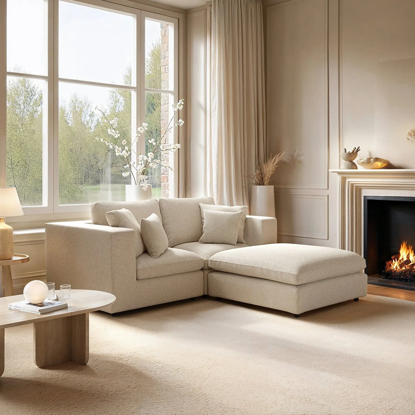 SOLACE+CO Asher 3 Seater Sofa with Reversible Footstool Beige Boucle