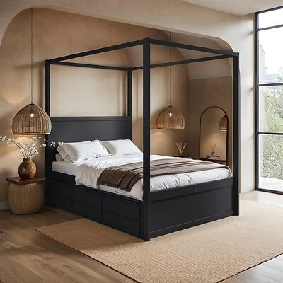 Flair Maddy 4 Poster Canopy Double Bed with Trundle and Storage Black