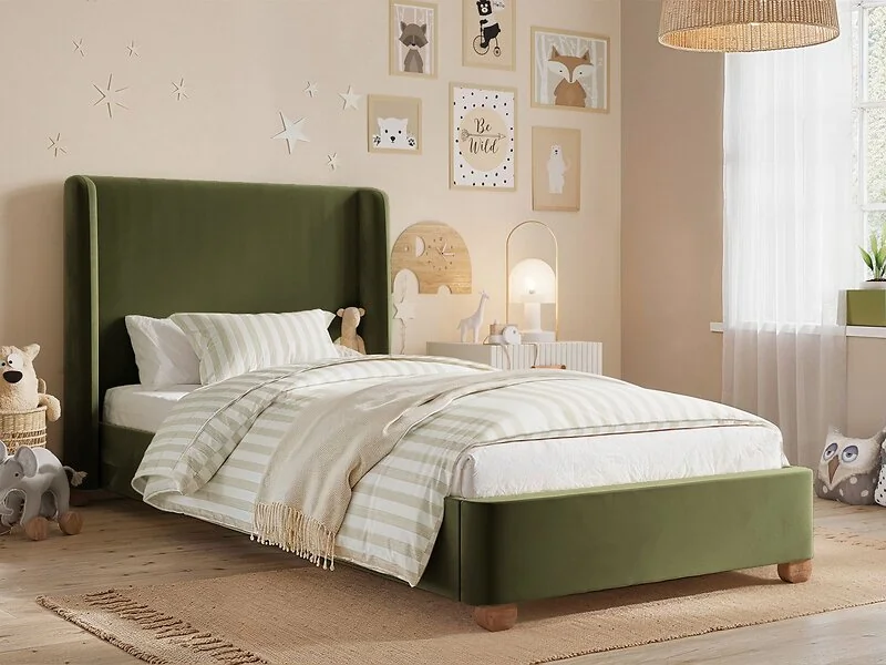Flair Alma single upholstered bed with winged headboard in green velvet