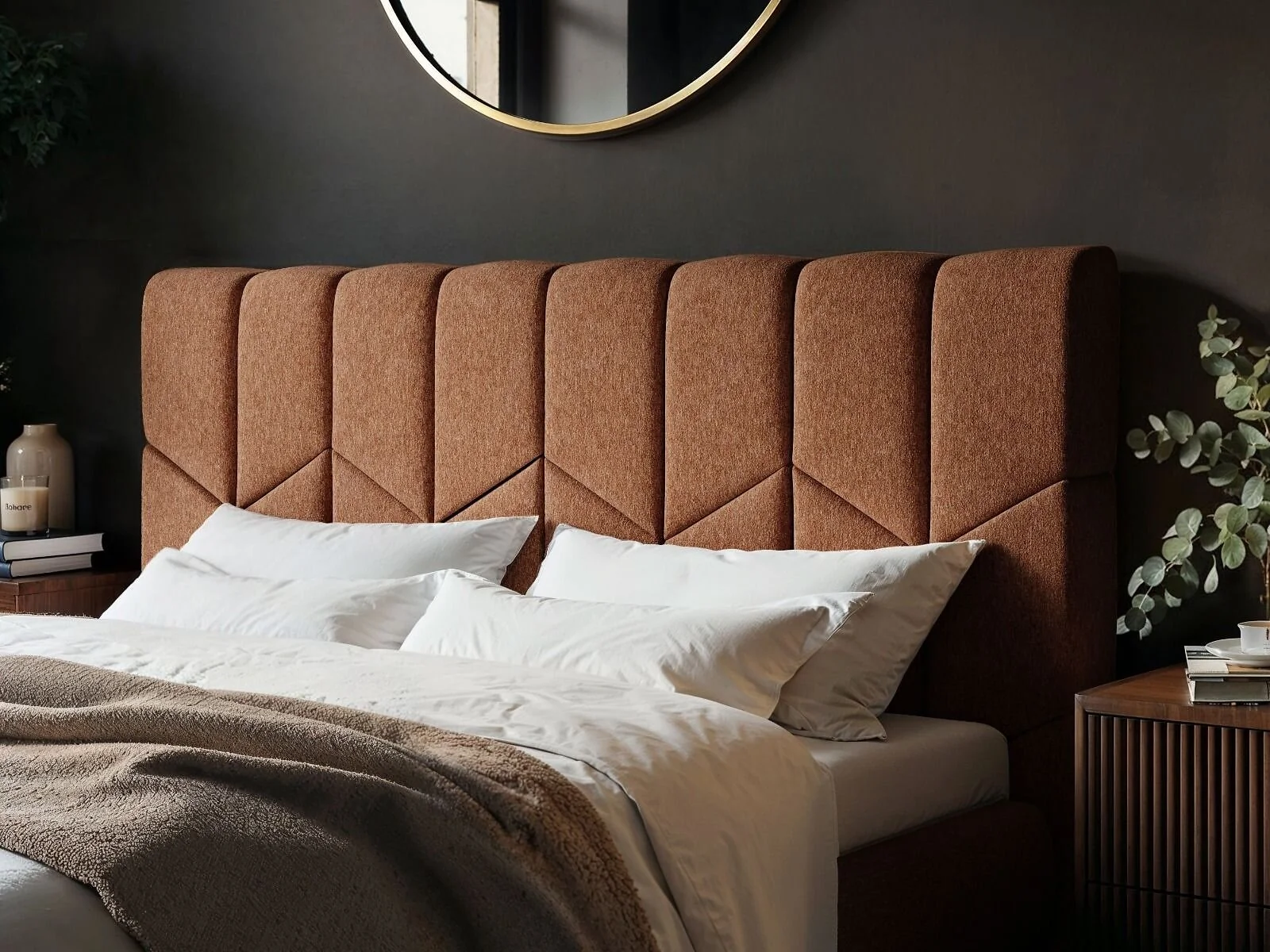 Isabela bed frame with chevron upholstered headboard - close up