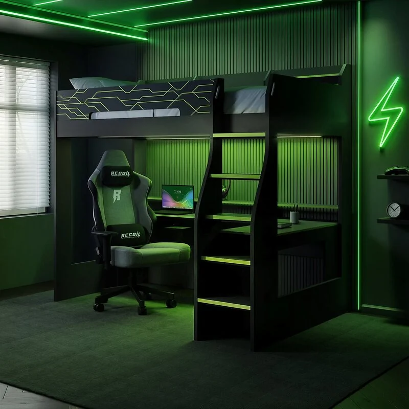 Recoil Ultimate Vivid Gaming High Sleeper with Desk Charcoal & Green