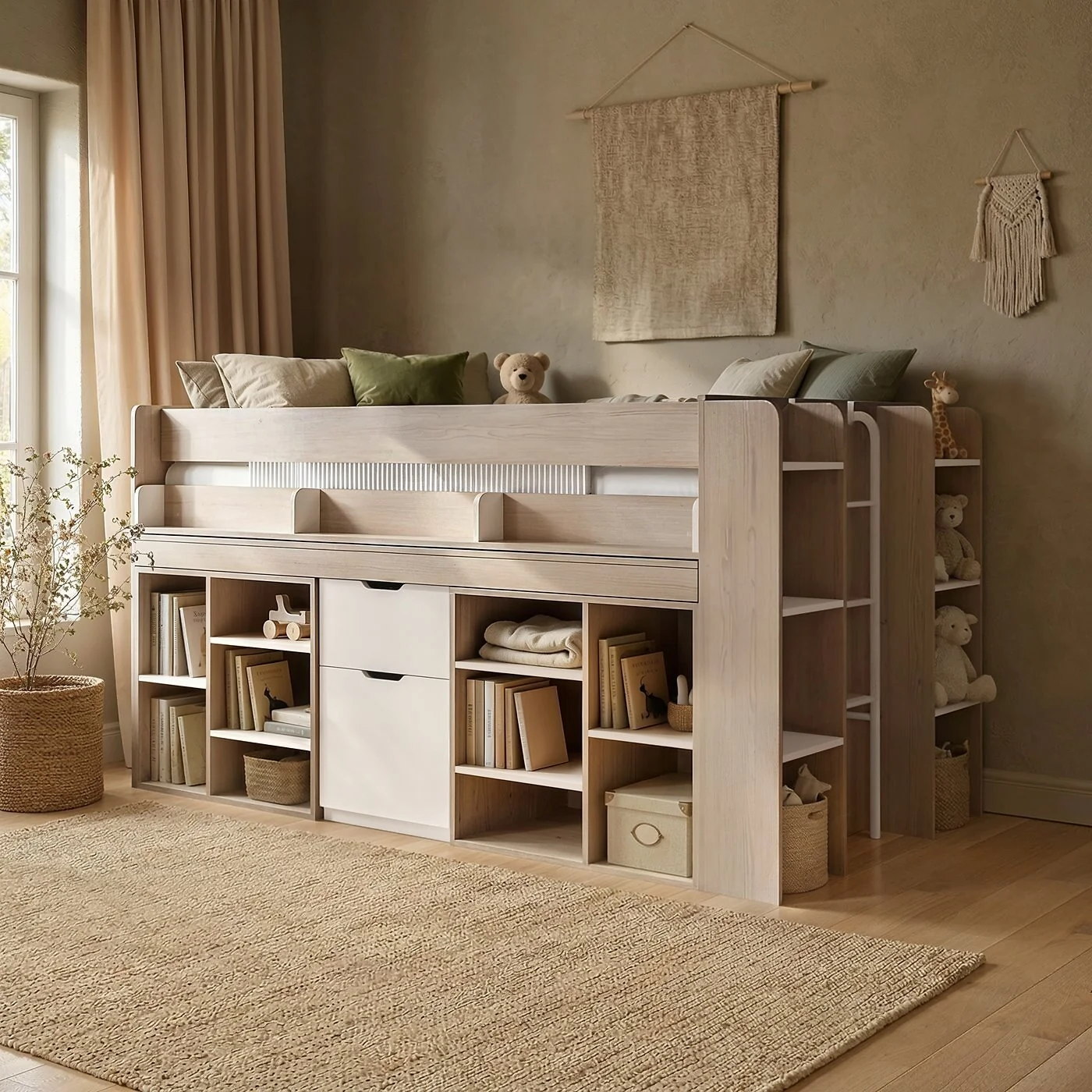 Flair Micah Mid Sleeper Bed with Pull-Out Desk & Storage Oak & White