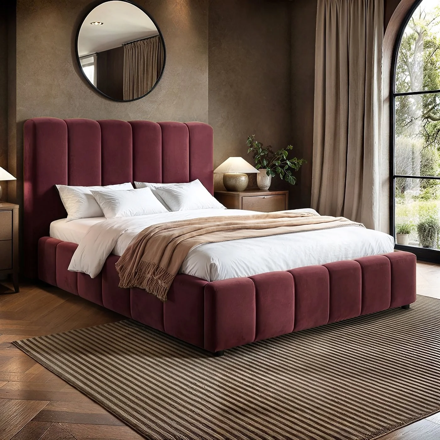 SOLACE+CO Emilie Ribbed Ottoman Bed Burgundy Velvet