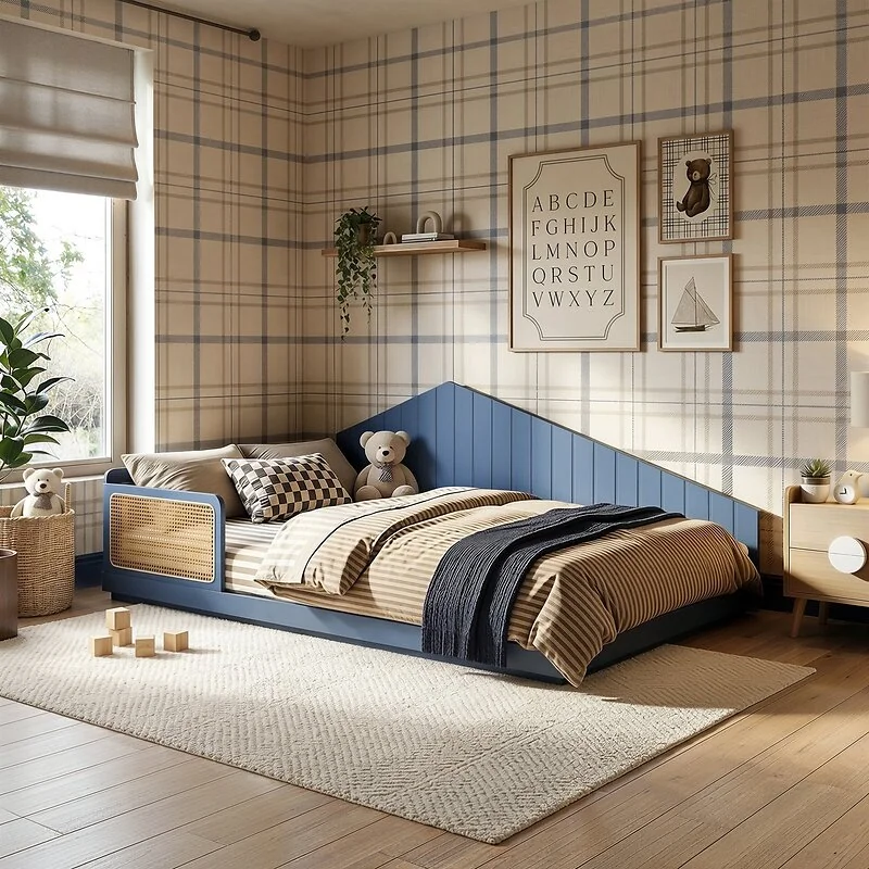 Flair Carter Small Double Montessori Bed with Rattan Panels Navy image 2