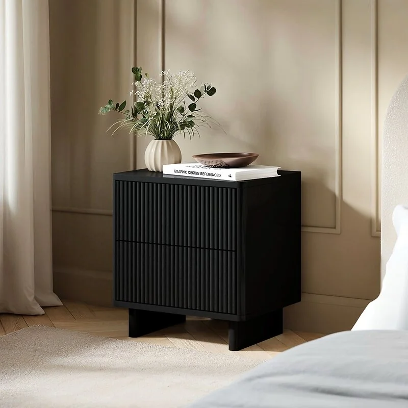 SOLACE+CO Velmor 2 Drawer Ribbed Bedside Table Black image 3