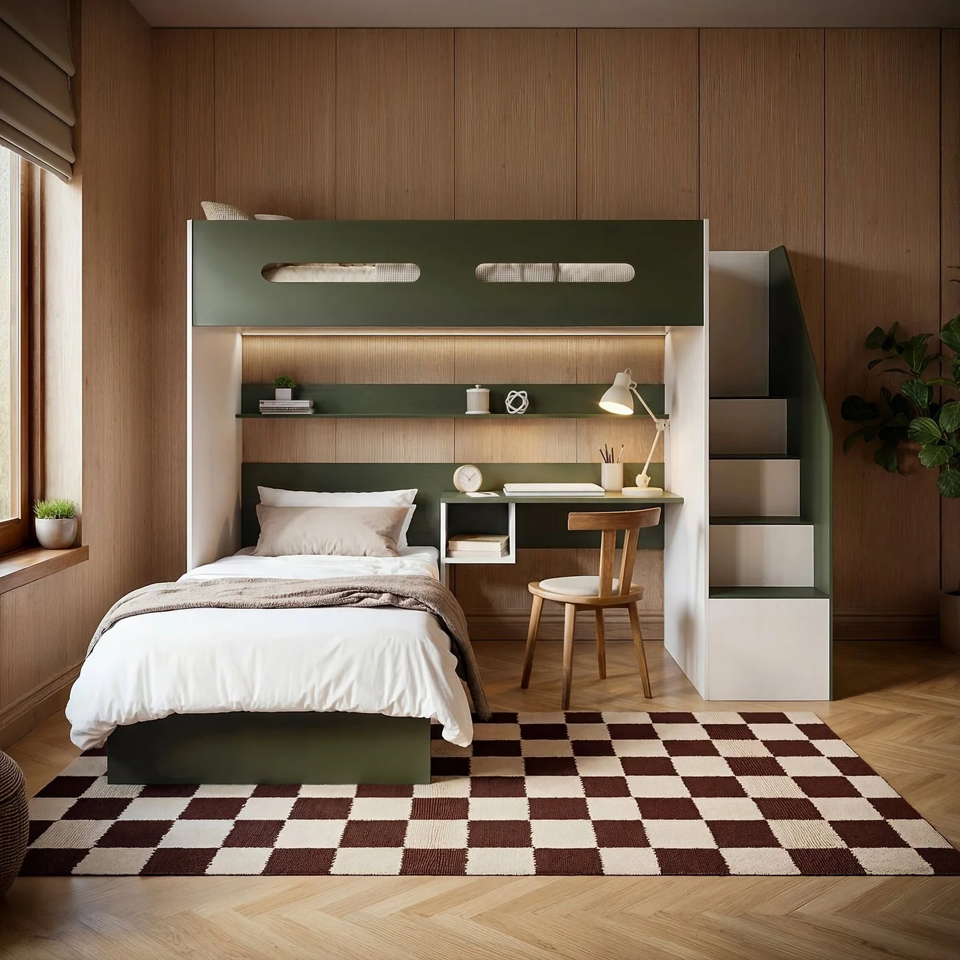 Flair Alpha Staircase L Shaped Bunk Bed with Desk Green & Beige