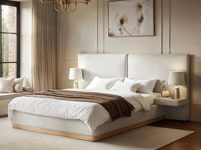 SOLACE+CO Vera Hotel Bed Frame with Integrated Bedside Tables Cream Chenille
