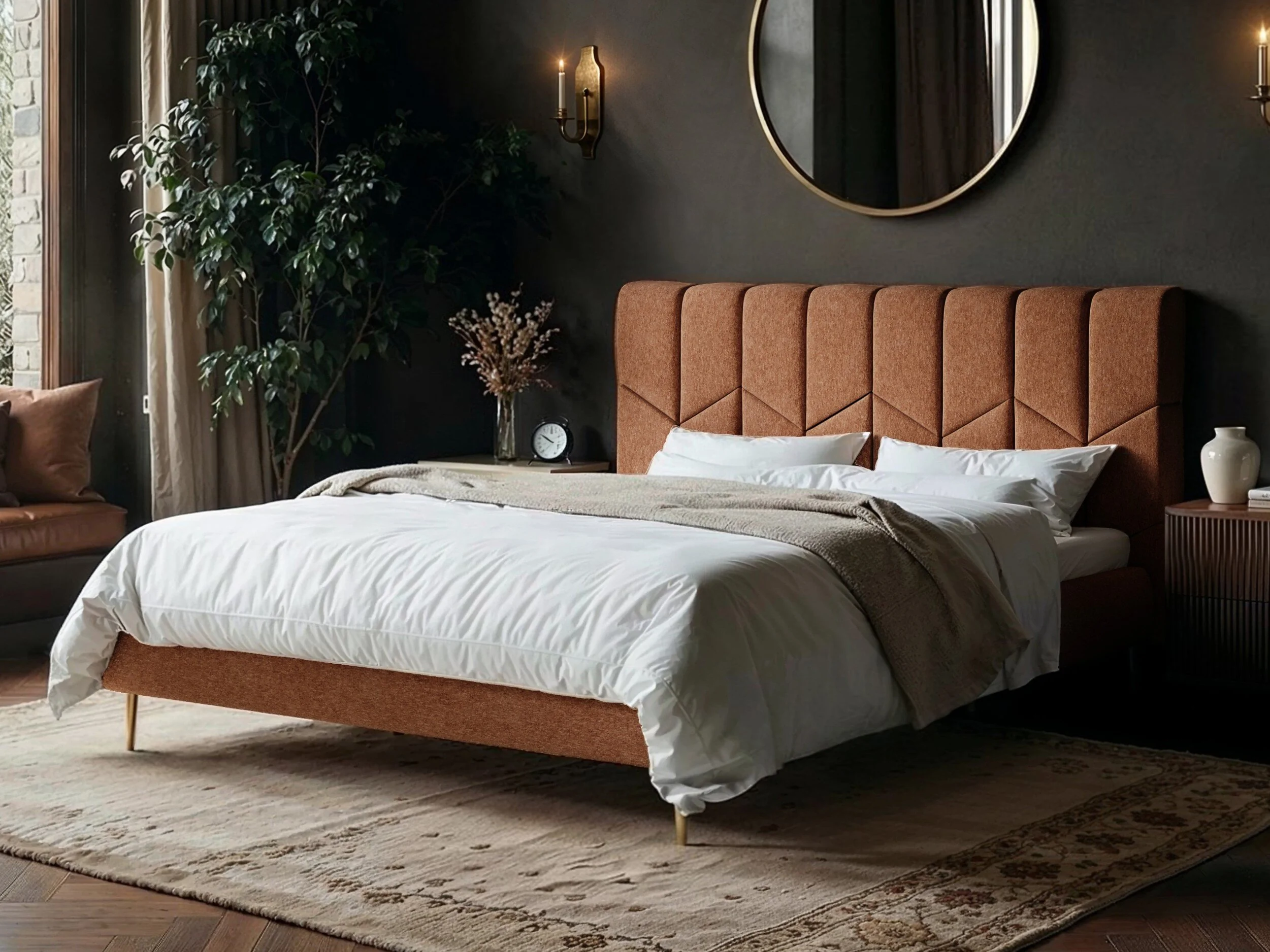 SOLACE+CO Isabela Chenille Upholstered Bed Frame with Chevron Headboard