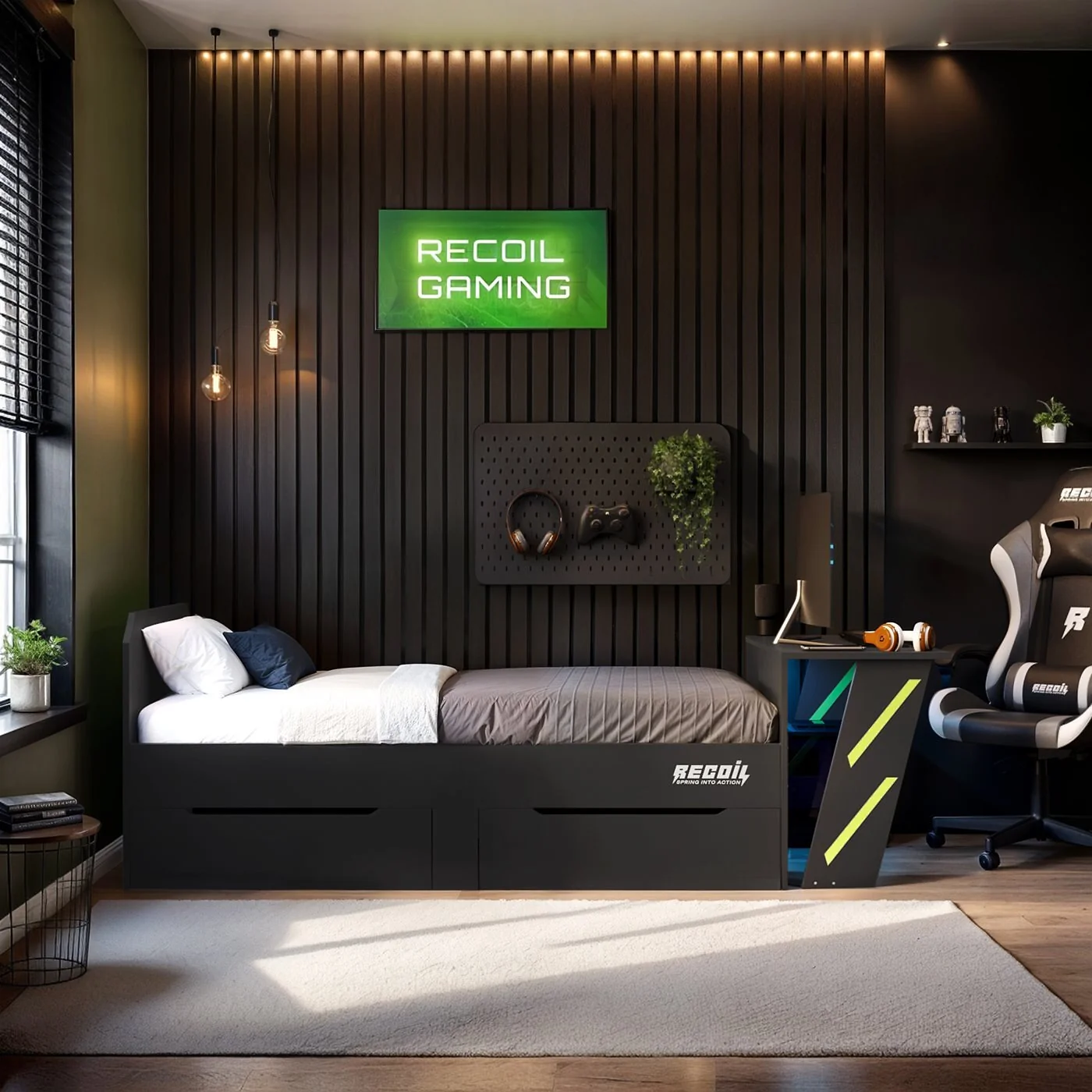 Recoil Alister Gaming Single Bed with Desk Charcoal and Green image 3