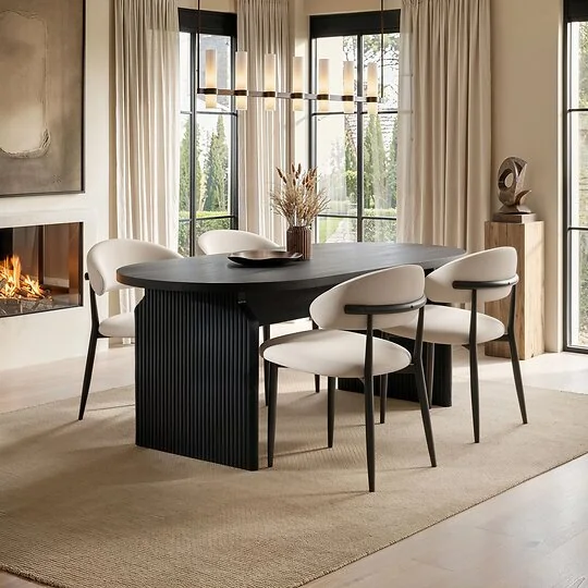 SOLACE+CO Varm & Cyra Black Dining Table Set with Beige Chenille Chairs